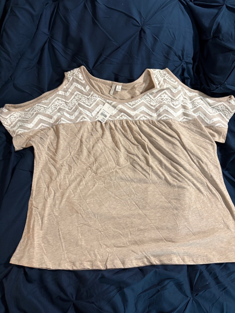 Cato Beige Cold-Shoulder Top with White Lace Chevron Yoke